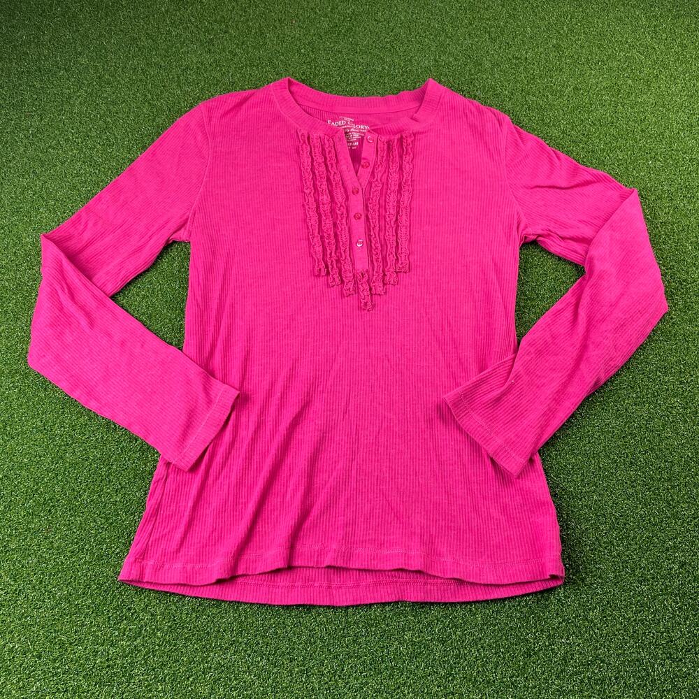 Faded Glory Pink Ribbed Henley Long Sleeve Ruffle Front Top Womens Size L Y2K
